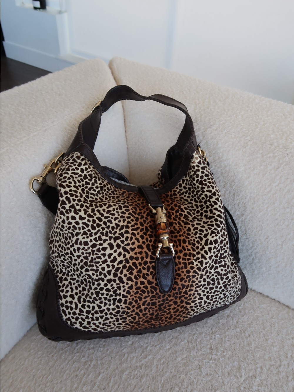 Gucci Leopard-Print Shoulder Bag with Dark Brown Trim